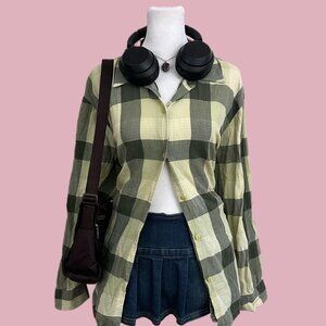 green plaid light weight button up shirt cottagecore overshirt preppy western